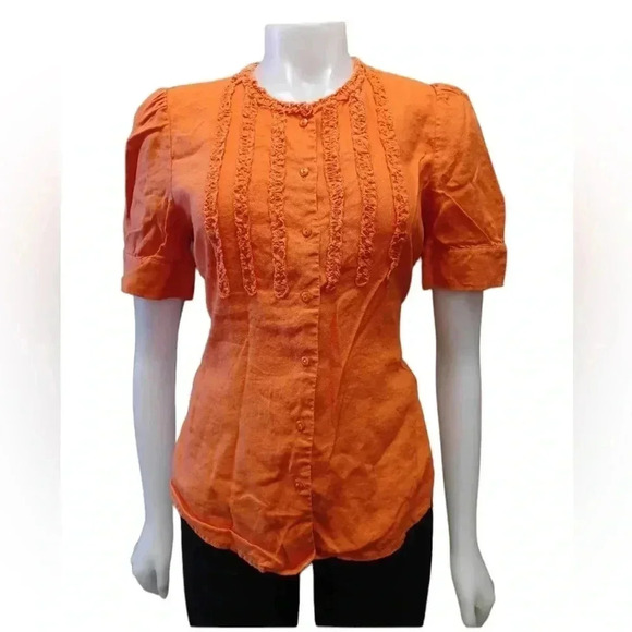 AK Anne Klein 100% Linen Ruffled Puff  Shoulders Button Down Top Size 8 - Picture 1 of 10